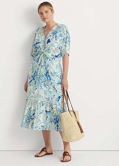 Lauren Woman Paisley Linen-blend Jersey Dress In Blue Multi