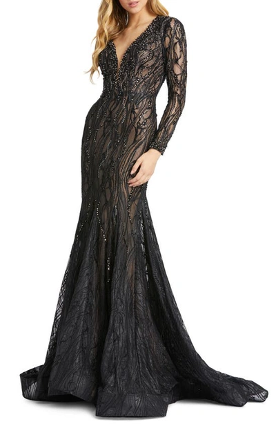 Mac Duggal Long Sleeve Lace Beaded Mermaid Gown In Black/nude