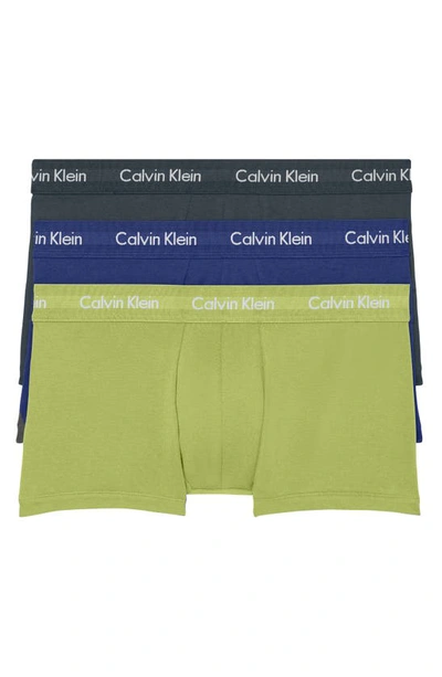 Calvin Klein Cotton Stretch Moisture Wicking Low Rise Trunks, Pack Of 3 In Blue/ Green/ Grey