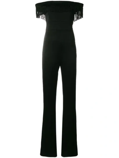 Galvan Conquista Fringed Off-the-shoulder Satin Jumpsuit In Black