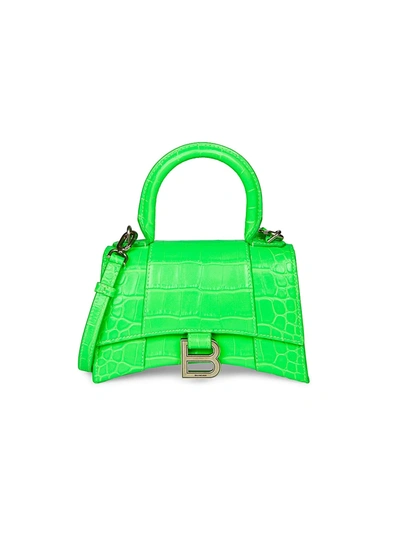 Balenciaga Xs Hourglass Croc-embossed Leather Top Handle Bag In Fluo Green