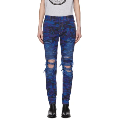 Balmain Distressed Camouflage Jeans In Bleu 155