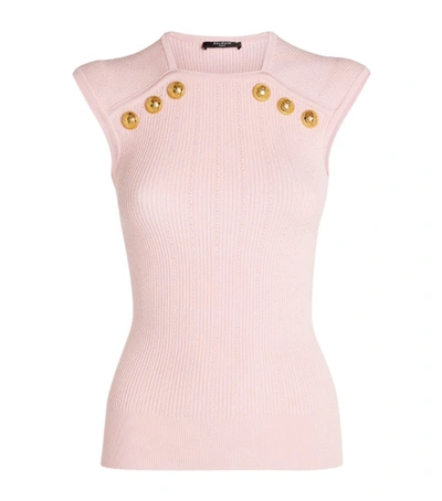 Balmain Button Embellished Sleeveless Knit Top In Pale Pink