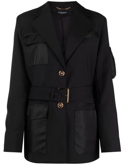 Versace Mixed-media Belted Trench Blazer In Black