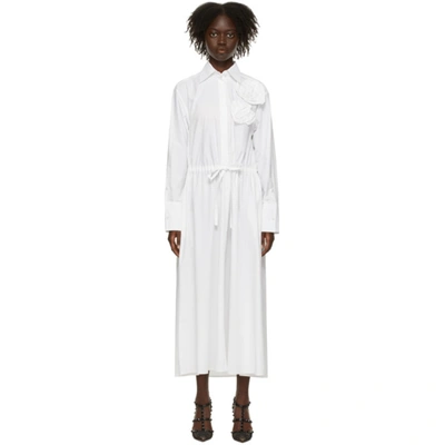 Valentino Floral Appliqué Long Sleeve Cotton Poplin Midi Dress In White