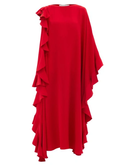 Valentino Waterfall-flounce Cape-sleeve Silk-crepe Gown In Red