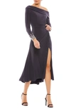 Mac Duggal One-shoulder Long Sleeve Chiffon Midi Dress In Charcoal Gray