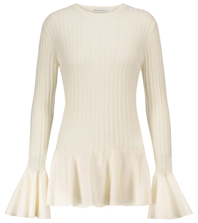 Jw Anderson Ribbed Wool And Cotton-blend Peplum Sweater In White