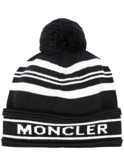 Moncler Bobble Virgin Wool Striped Hat In Black-white | ModeSens