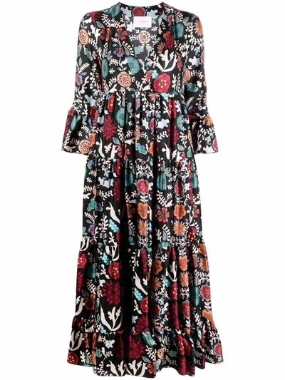 La Doublej Graphic-print Ruffle-hem Dress In Black
