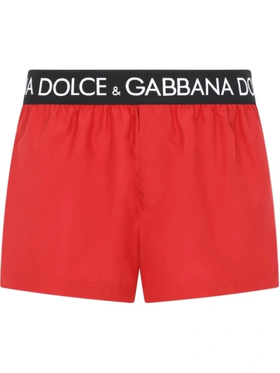 Dolce & Gabbana Short Swim Trunks With Branded Stretch Waistband In Red