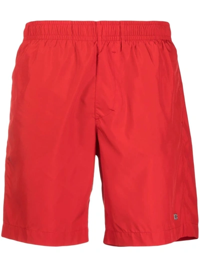 Givenchy Men's Long Swim Shorts W/ Metal Logo In Red