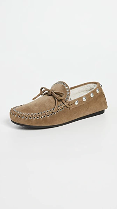 Isabel Marant Faomee Shearling-lined Studded Suede Moccasins In Taupe