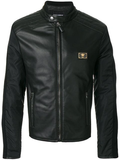 Dolce & Gabbana Logo Plaque Leather Jacket In Nero