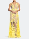 Dress The Population Sidney Illusion Skirt Floral Applique Lace Gown In Yellow