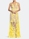 Dress The Population Sidney Illusion Skirt Floral Applique Lace Gown In Canary/nude