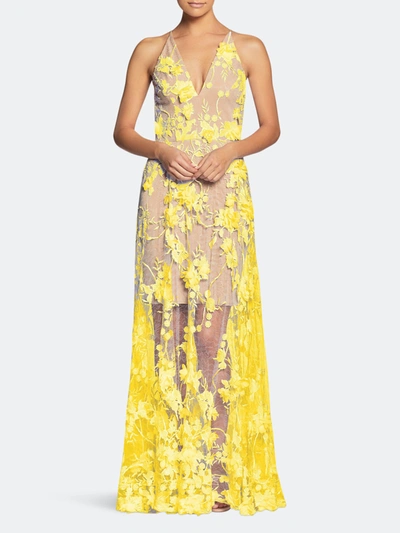 Dress The Population Sidney Illusion Skirt Floral Applique Lace Gown In Yellow