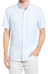 Nordstrom Solid Linen Short Sleeve Button-down Shirt In Teal Dolphin