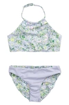 Zella Girl Kids' Just Breathe Reversible Two-piece Swimsuit In Purple Cosmic Texture Floral