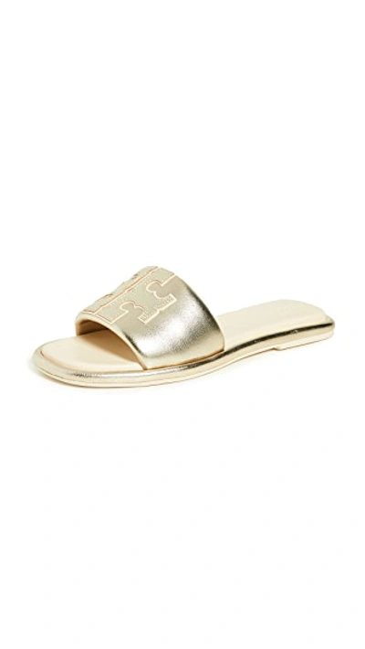 Tory Burch Double T Sport Leather Slide Sandals In Spark Gold New C