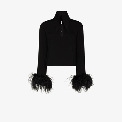 16arlington Michelle Collared Mini Dress W/ Feather Trim In Black