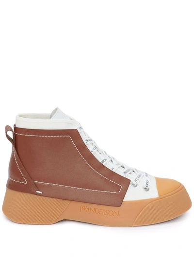 Jw Anderson Topstitched Leather And Canvas High-top Trainers In Orange