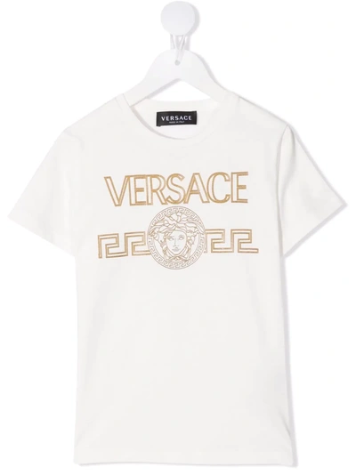 Versace Kids' Boy's Medusa Greca Logo T-shirt In Bianco/oro