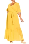 City Chic Trendy Plus Size Flutter Wrap Maxi Dress In Yellow