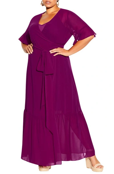 City Chic Trendy Plus Size Flutter Wrap Maxi Dress In Purple