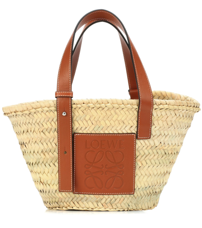 Loewe Small Leather-trimmed Woven Raffia Tote In Tan