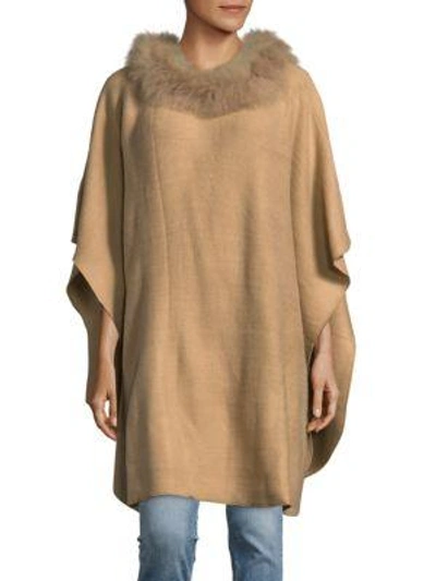 Adrienne Landau Knit Fox Fur Trimmed Poncho In Camel