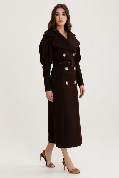 Lita Couture Statement Pleated Shoulders Trench Coat In Chocolate Brown