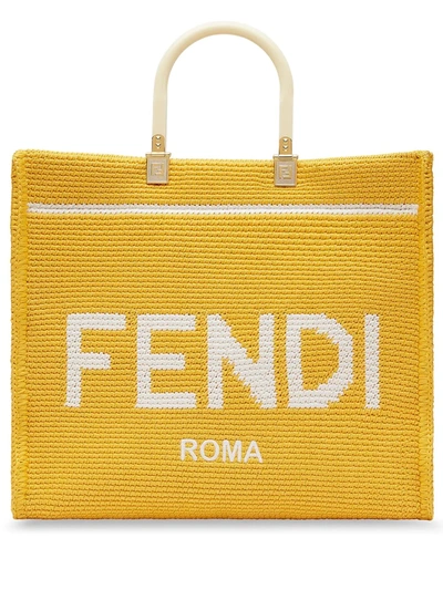Fendi Sunshine Shopper Leather-trimmed Crochet Tote In Yellow