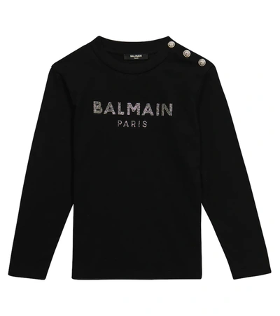 Balmain Kids' Embellished Logo Cotton Top In Black