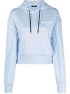 Balmain Cropped Flocked Logo Detail Hoodie In Blue