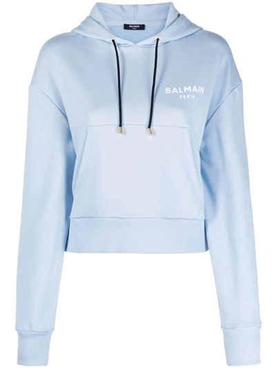 Balmain Cropped Flocked Logo Detail Hoodie In Blue