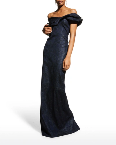 Rickie Freeman For Teri Jon One-shoulder Tonal Metallic Jacquard Gown In Sapphire