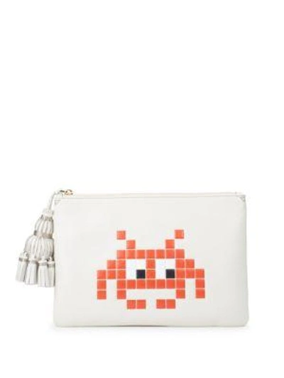 Anya Hindmarch Georgiana Space Invaders Leather Pouch In Beige