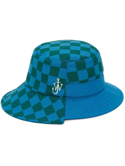 Jw Anderson Mens Blue Green Asymmetric-brim Checked Woven Bucket Hat