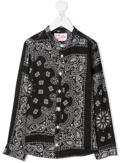 Mc2 Saint Barth Teen Paisley-print Band-collar Shirt In Black