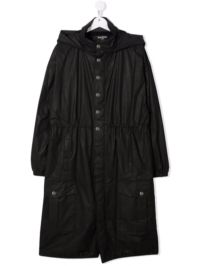 Balmain Kids' Logo-embroidered Hooded Trench Coat In Nero