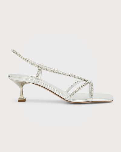 Miu Miu Metallic Crystal Strappy Kitten-heel Sandals In Argento