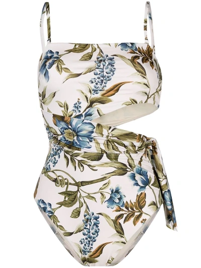 Zimmermann 'aliane' Floral Print Scarf Tie Swimsuit In Beige,khaki,blue