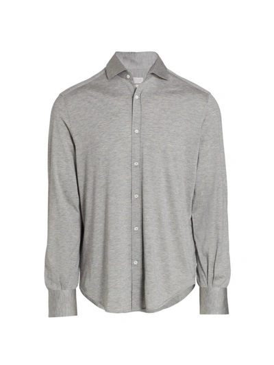 Brunello Cucinelli Slim Fit Shirt In Light Silk And Cotton Jersey With French Collar In Light Grey