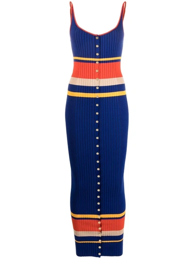 Paco Rabanne Striped Ribbed Cotton-blend Midi Dress In Navy