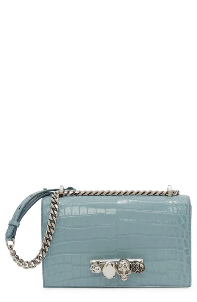 Alexander Mcqueen Croc Embossed Knuckle Ring Leather Shoulder Bag In Blue Grey