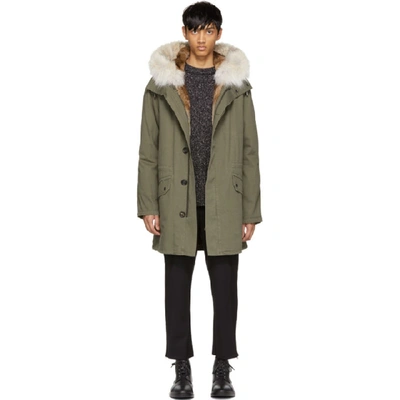 Yves Salomon Cotton Parka With Rabbit And Coyote Fur In Hunter Green & Oil  | ModeSens