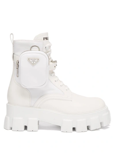 Prada Monolith Leather & Nylon Lug-sole Combat Boots In Bianco