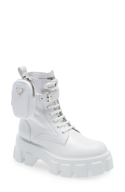 Prada Monolith Leather & Nylon Lug-sole Combat Boots In Bianco