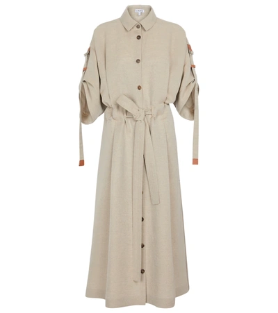 Loewe Belted Leather-trimmed Linen-blend Midi Shirt Dress In Neutral